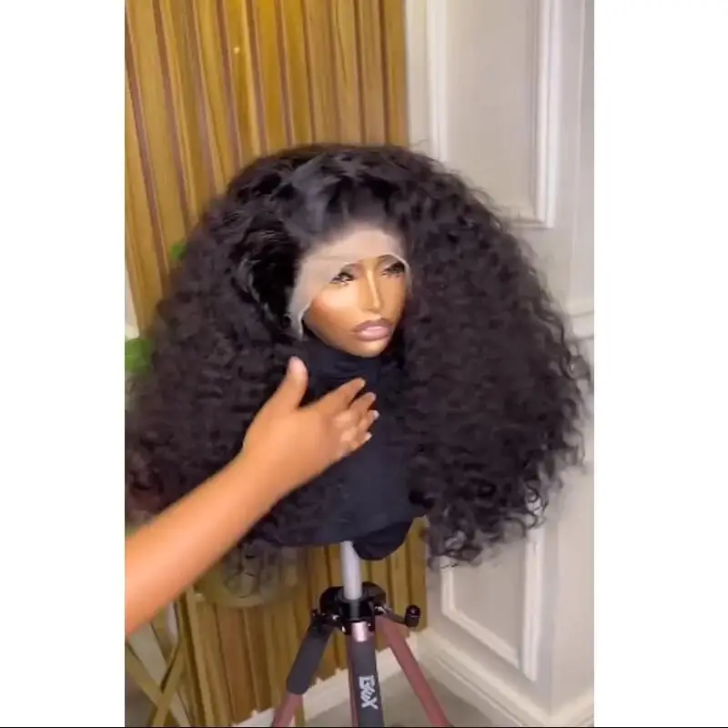 Wig Rambut Depan Tanpa Lem Tahan Panas Keriting Kribo Hitam Alami Panjang 26" Kepadatan 180 untuk Wanita Kulit Hitam dengan Rambut Bayi Preplucked