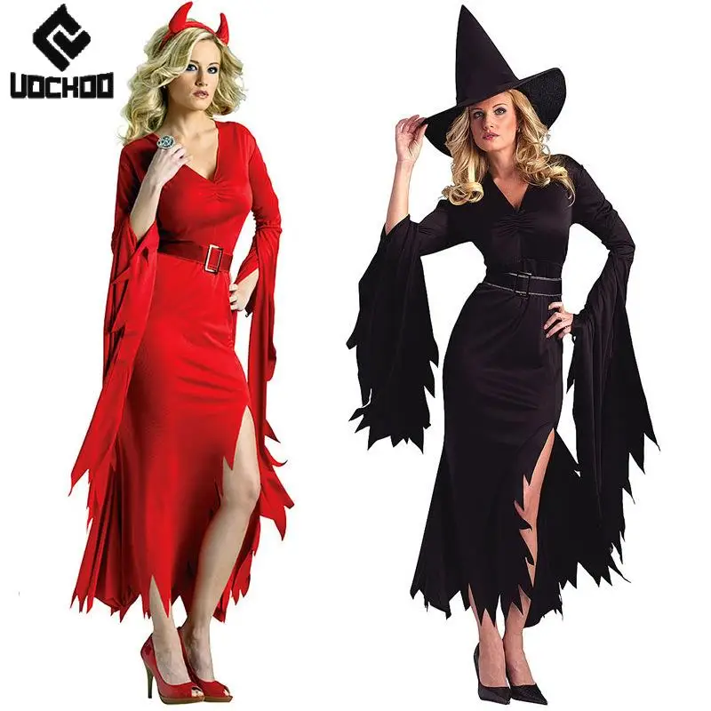 

Red Demon Gown Halloween Witch Cosplay Costume Black Robe Devil Bodycon Dress Women Day of The Dead Outfit Carnival Wear