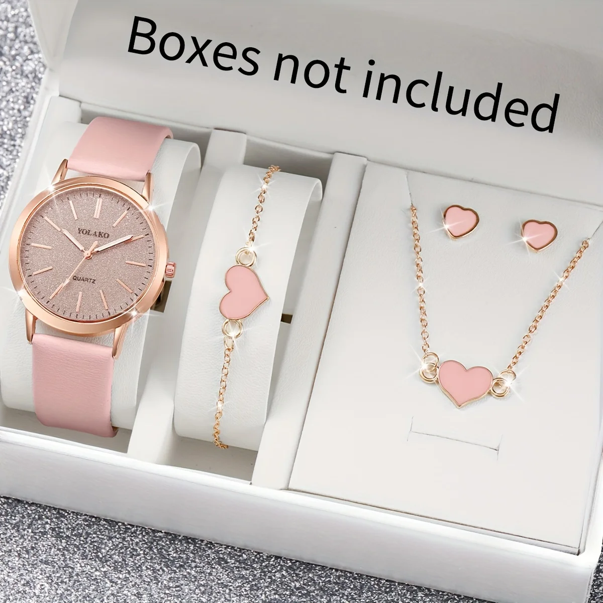 

Romantic Pink Heart Charm Watch & Jewelry Set - 5pcs Casual Quartz Analog Watch with PU Leather Strap、