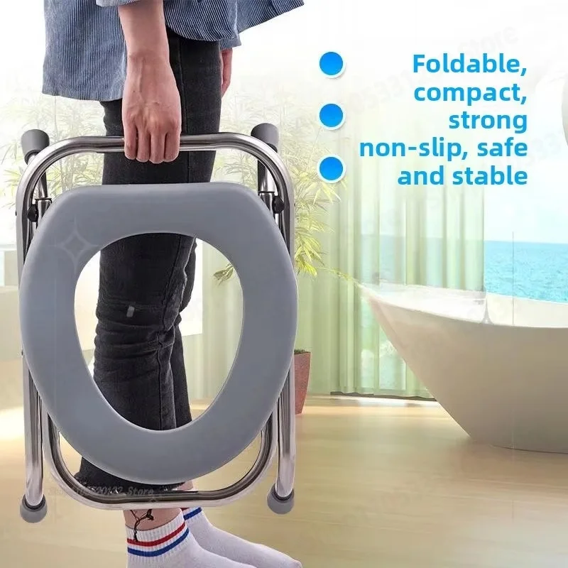Folding Stainless Steel Elderly Toilet Chair, Mobile Toilet Stool