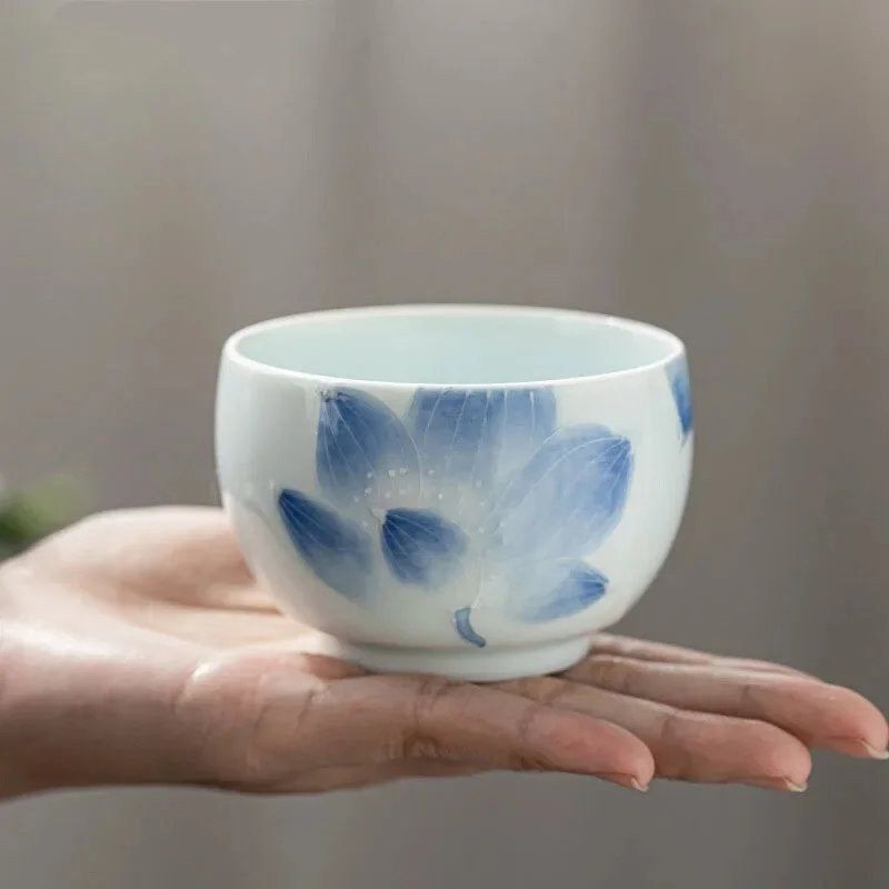 Hand Painted Shadow Green Pile Carving Lotus Ceramic Tea Cup Handmade