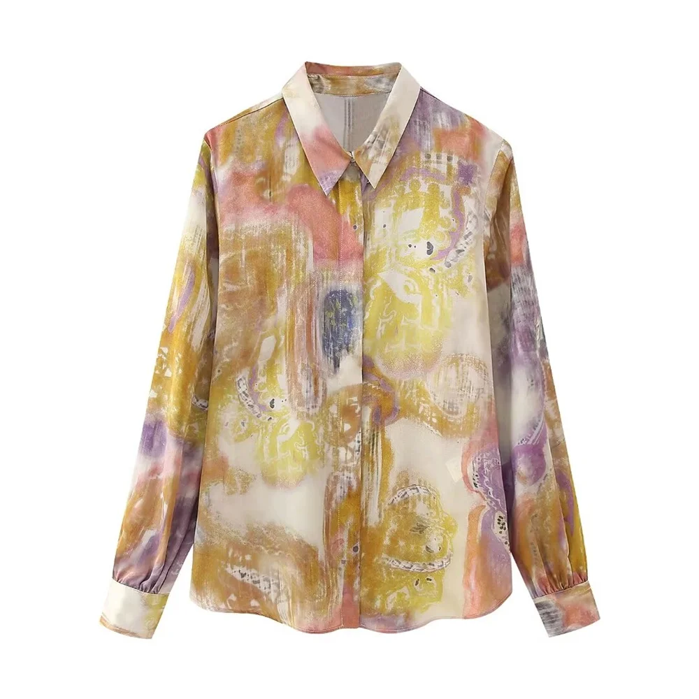 2024 Women\'s Fashion New Layered Tone Printed Satin Texture Shirt