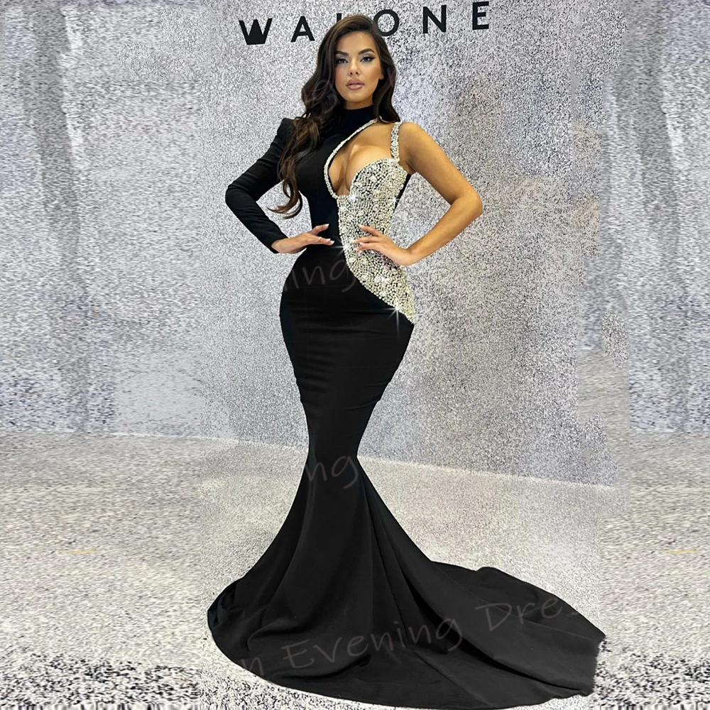 2025 Classic Black Women\'s Mermaid Sexy Evening Dresses High Neck One Shoulder Customized Prom Gowns Beaded فساتين حفلة موسيقية