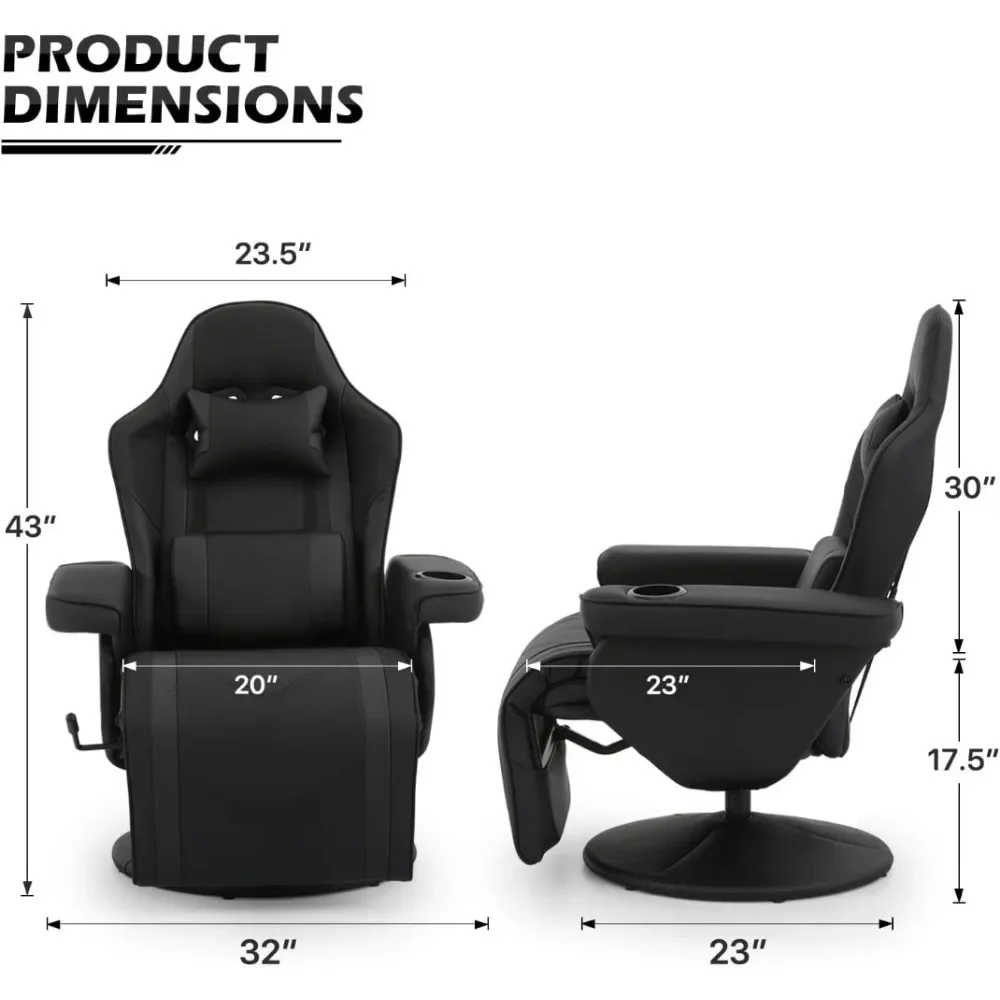 Gaming Recliner Chair -  Leather Adjustable Lumbar Support & Headrest Iron Round Base -  Free Computer Office