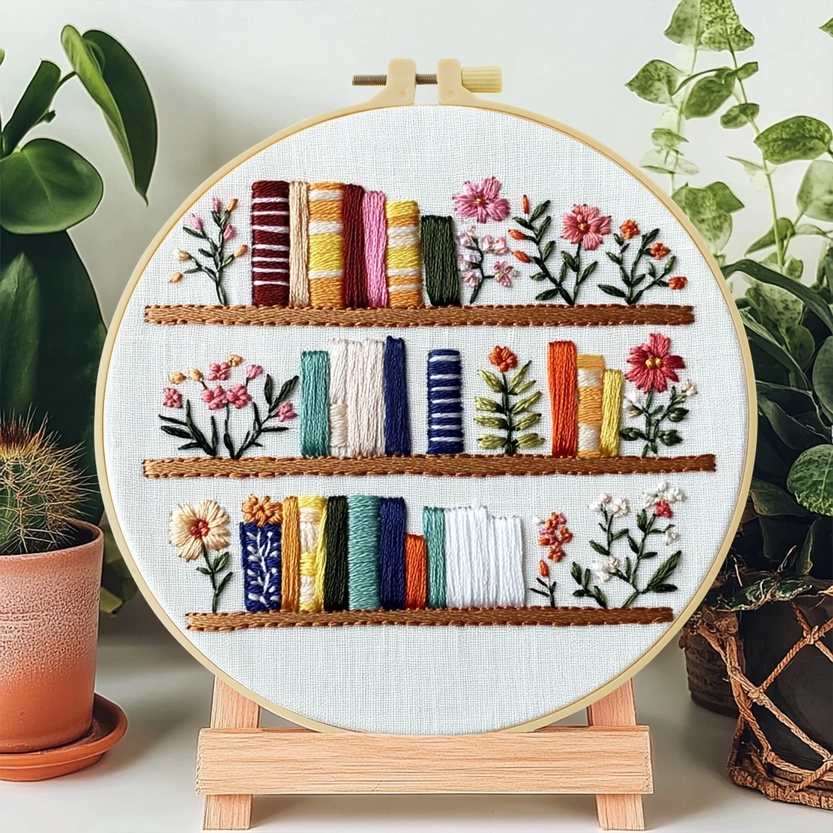 1 Stickset, 20 x 20 cm, Bücherregal, handgefertigtes DIY-Stickset, geeignet für Erwachsene und Anfänger, inklusive – Detail 2