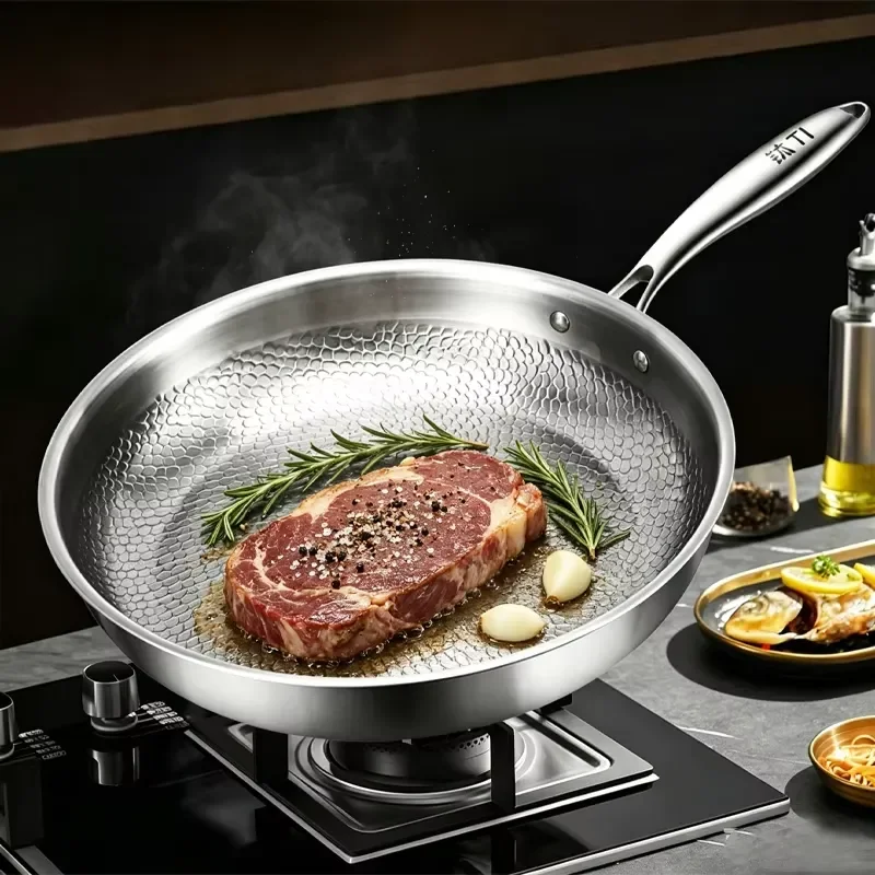 26 28 30cm Food Grade Titanium Striped Wok Thickened Uncoated Frying Pan Non Stick Kitchen Cookware for Household Use