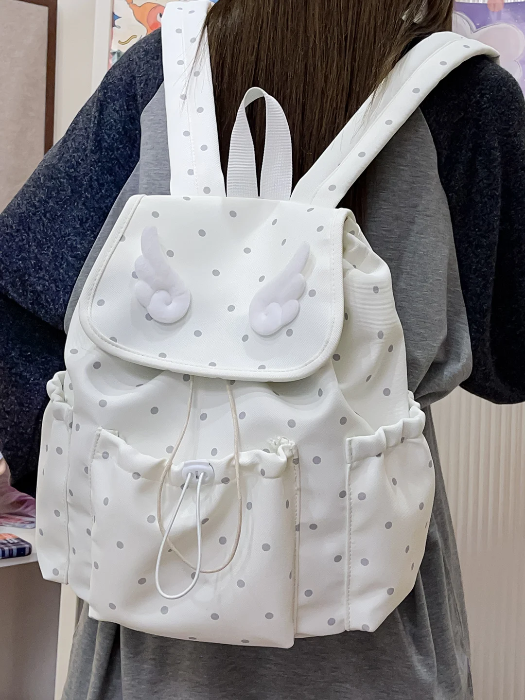 Polka Dot Wings Backpack Small Size School Bag for Junior High Girls Cute Ins Style Travel College Campus Fashion Shoulder Bag