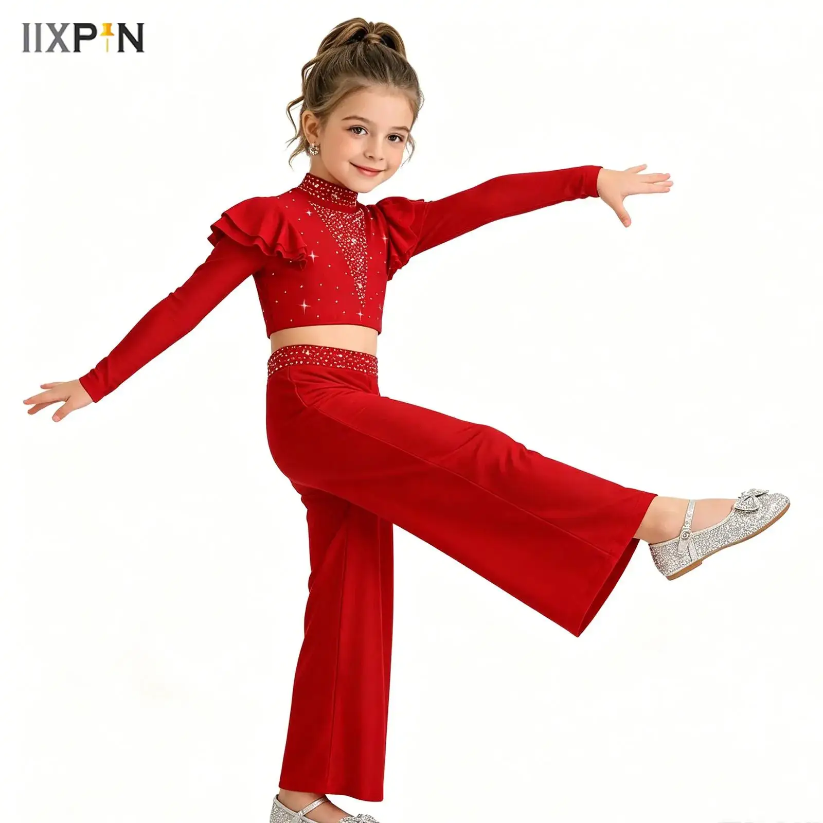 

Kids Girls Modern Performance Costume Rhinestones 2Pcs Ballet Dance Sets Gymnastics Jersey Crop Top with Flared Pants Suit