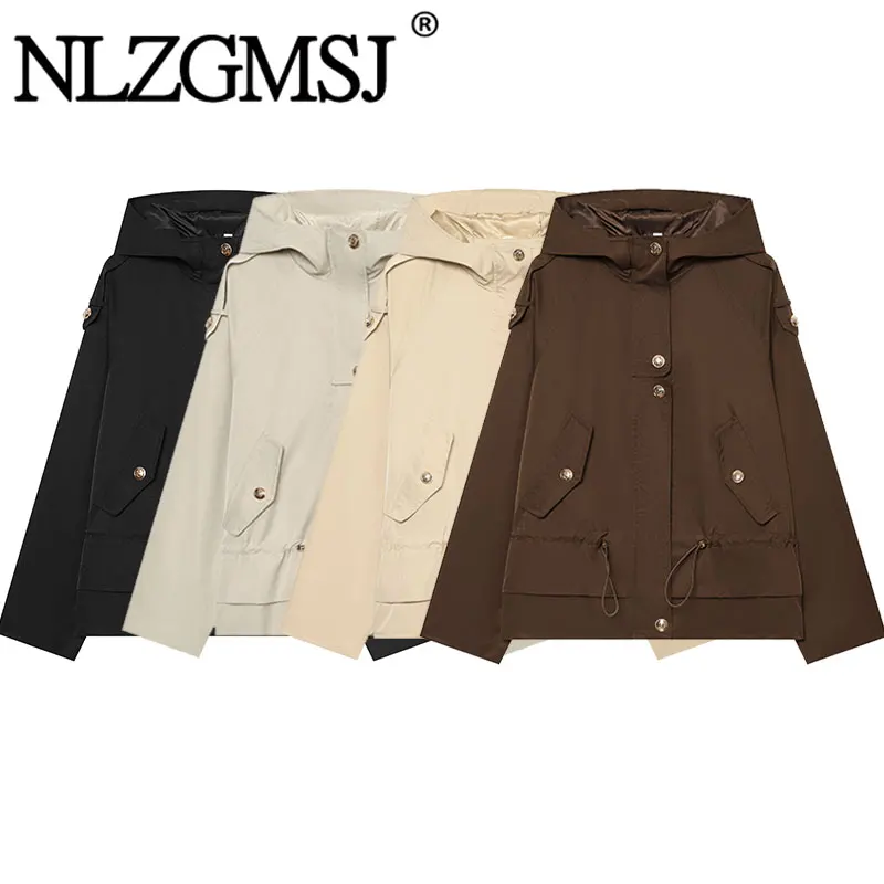 Nlzgmsj 2026 Autumn Women Hooded Windbreaker Jacket Drawstring Waist Casual Loose Solid Color Outerwear Ladies Parka Coat