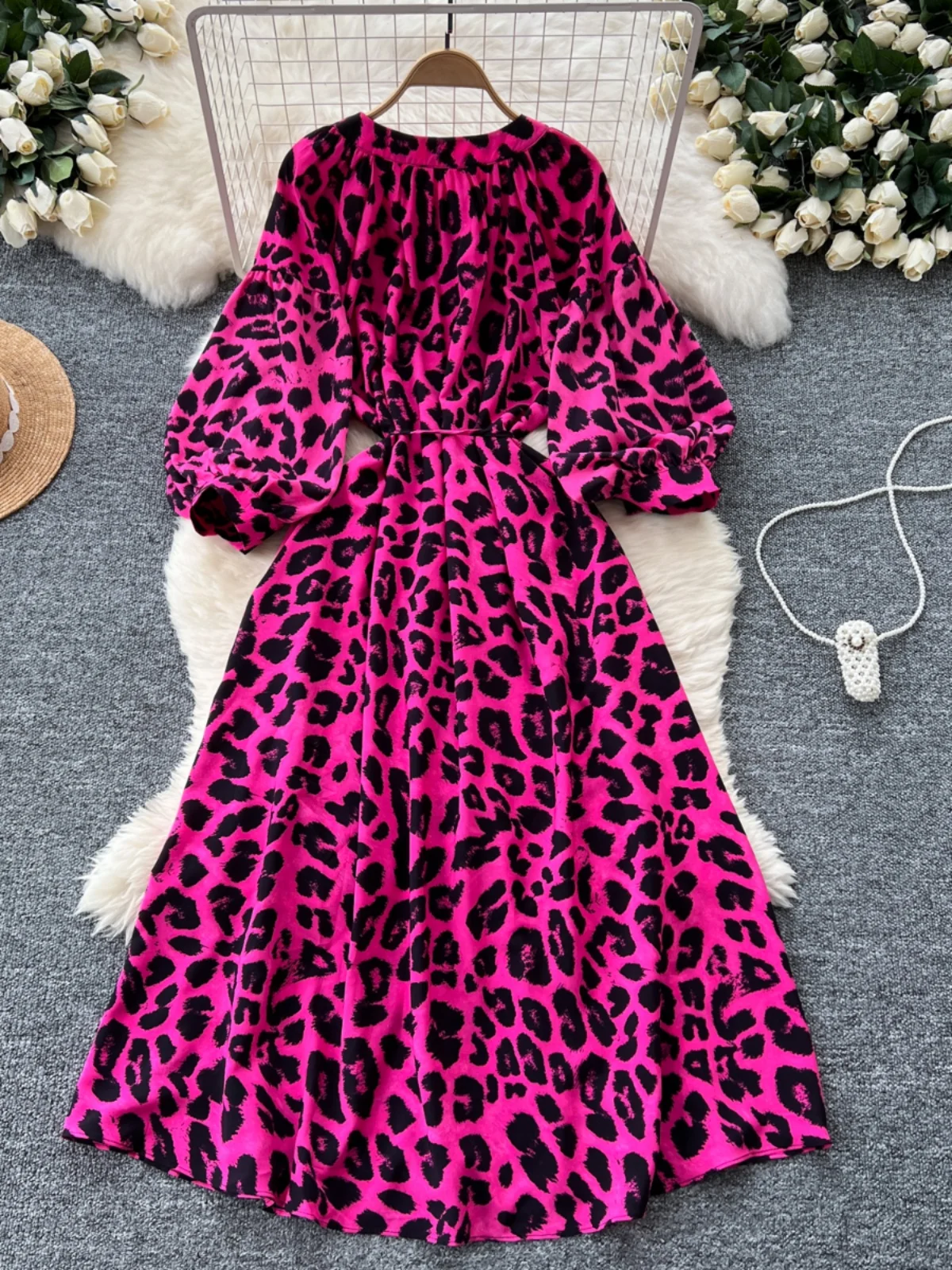 Retro-Druck Dr. Damen Herbst 2024, tailliert, rund, Ne Lantern Sve, schlankmachend, lang, Dr. Koreanische Sle, hohe Taille