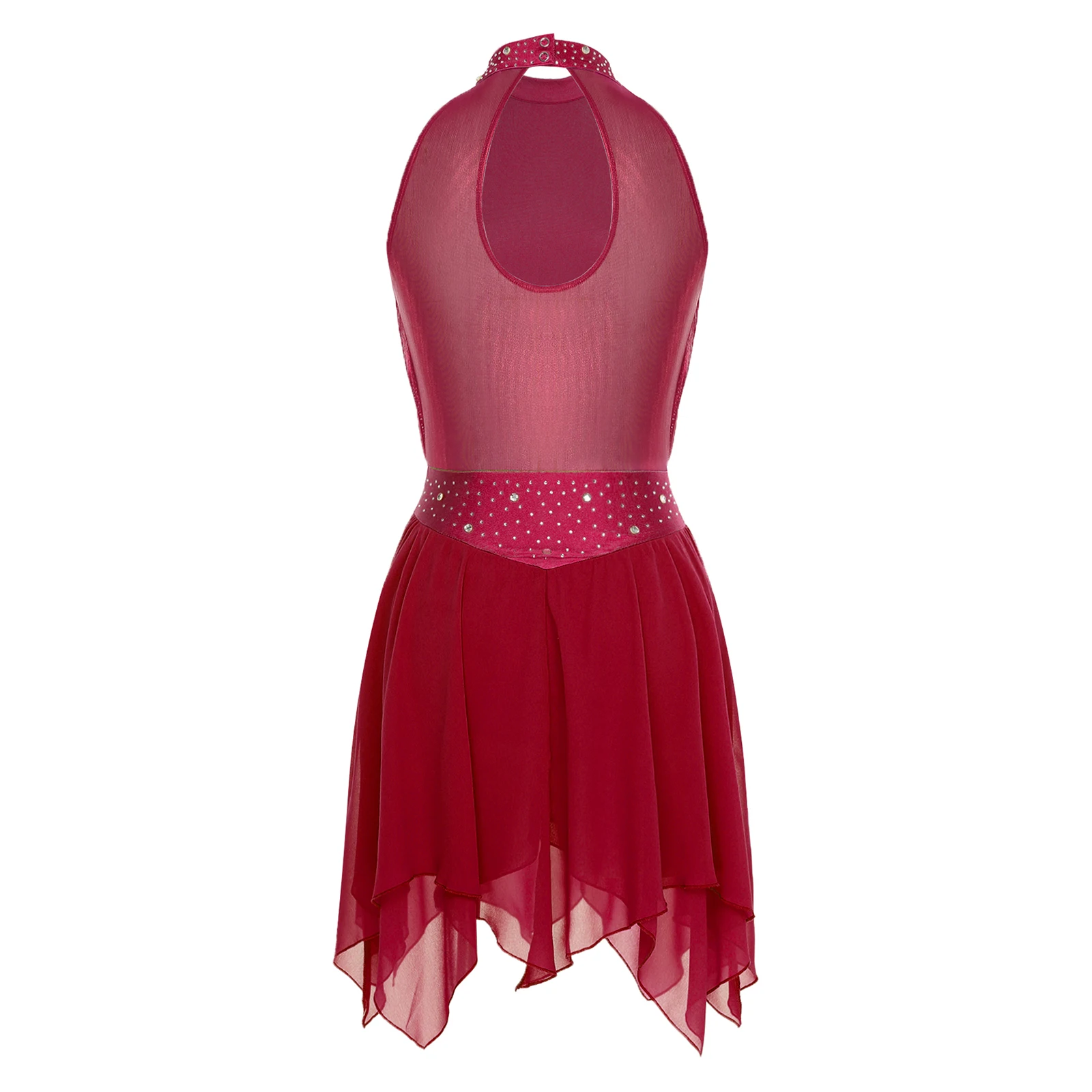 Womens Lyrical Figure Skating Dance Dress Rhinestone Irregular Hem Sleeveless Ballet Dance Dress Metallic Mesh Ballet Dancewear
