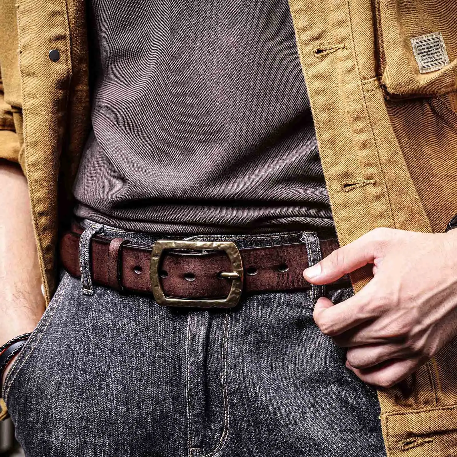 Echtleder-Herrengürtel mit massiver Messingschnalle, handgefertigter Casual-Gürtel mit Geschenkbox, verdicktes italienisches Leder – Detail 4