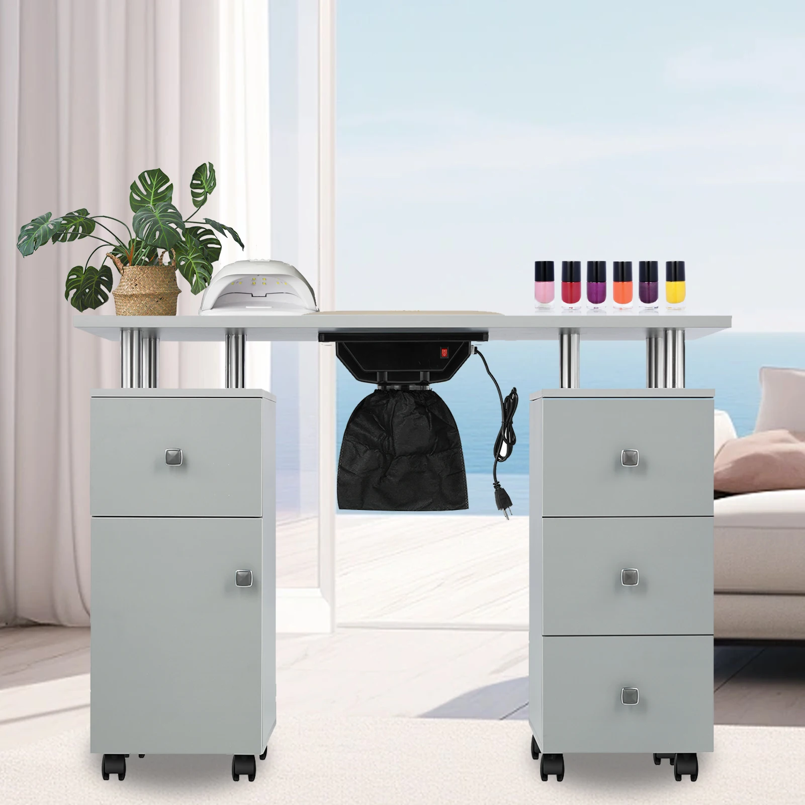 Black Manicure Table With Built-in Nail Dryer, Drawers & Wheels, Professional Nail Station For Salon By Luxmars