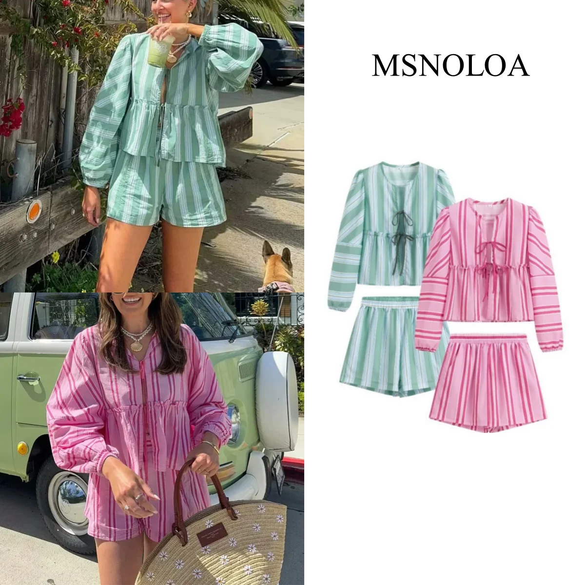 

MSNOLOA Striped Shorts And Shirt Set Woman Bowknot Crop Top High Waist Shorts Two Piece Set Summer Holiday Sets Womens 2 Piece