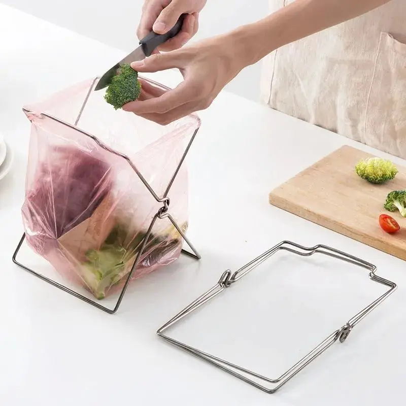 

1pc Household Garbage Stainless Steel Rack Foldable Kitchen Debris Storage Rack Multifunctional Kitchen Fresh-keeping Bag Holder
