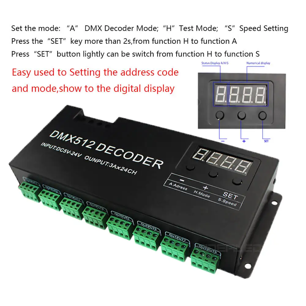 Decodificador DMX com plugue RJ45 e XLR DMX Strip Controller Decodificador com 24 canais DC 12V-24V, 72A, DMX LED Dimmer Driver