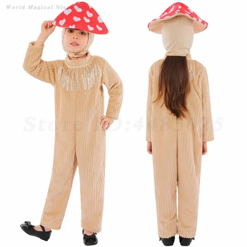 

Kids Halloween Jumpsuit Plant Series Mushroom Cosplay Clothings Children's Stage Performance Roles Play Hat Outfit Costumes