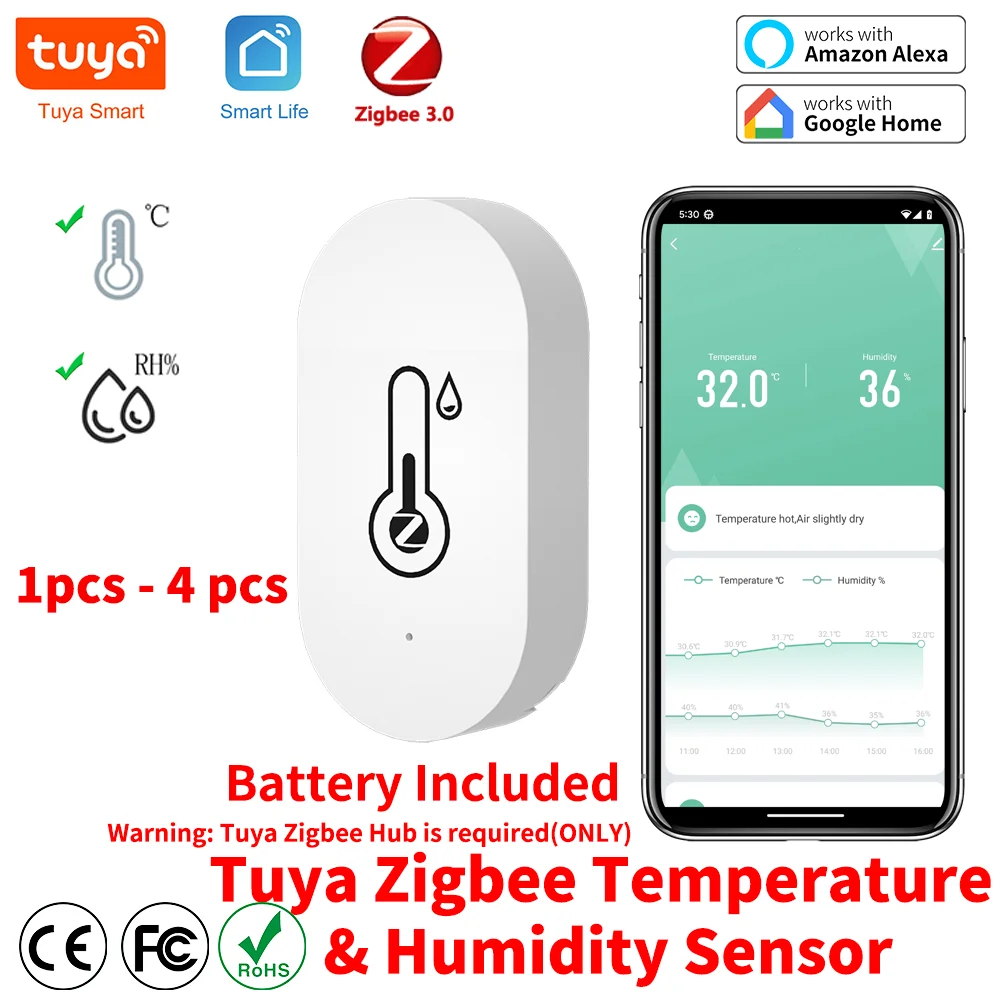 

Tuya Zigbee Smart Temperature Humidity Sensor Indoor Hygrometer Controller Monitoring Work with Smart Speaker Alexa Google Home