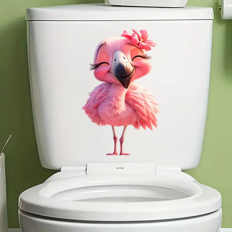 1 pink flamingo toilet sticker, featuring elements such as smiling flamingo flower patterns, waterproof and bathroom stickers wi