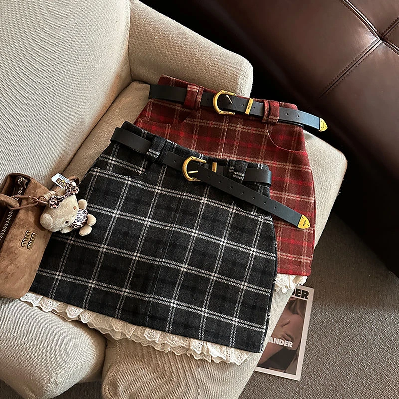 Minifaldas a cuadros de retales de encaje para mujer, faldas de lana sintética sin cinturón de cintura alta para otoño e invierno, moda Preppy Y2K, falda acampanada que combina con todo