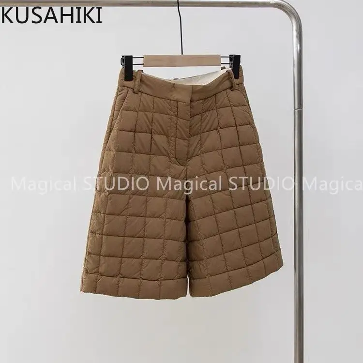 KUSAHIKI Cotton Insulated Warm Shorts for Women's Winter Retro High Waisted Plaid Bottom Boots Short Femme Fashion Bottoms Mujer