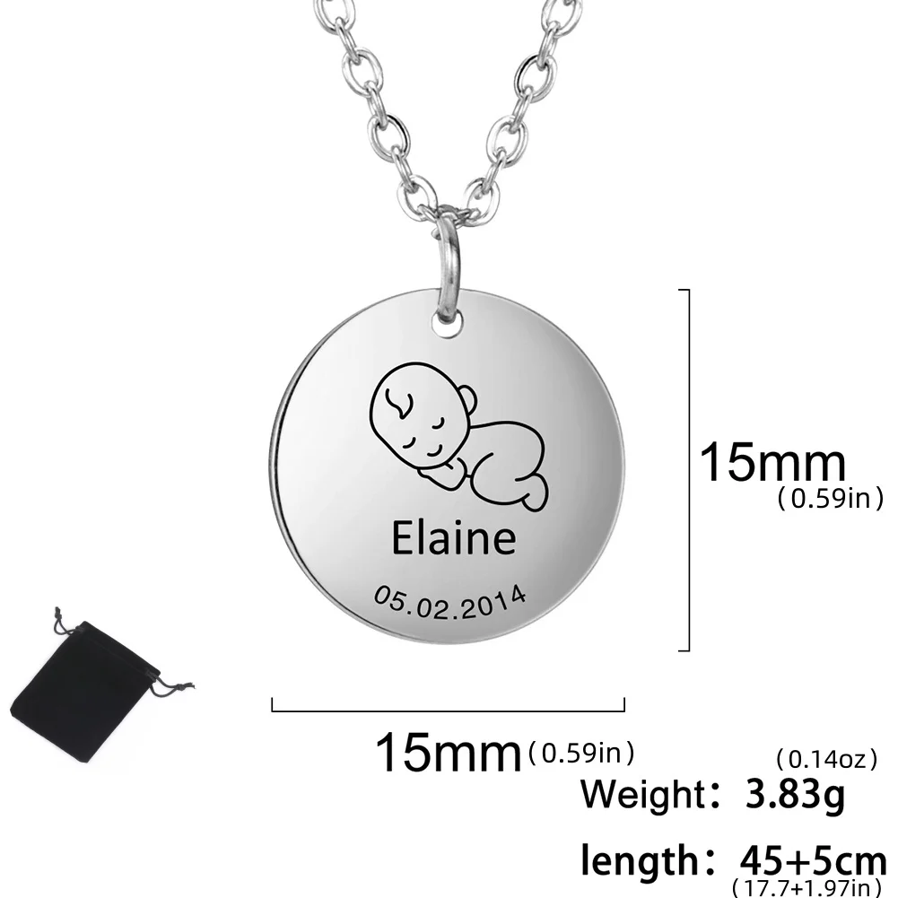 Customized Name Date Round Pendant Necklace, Stainless Steel Gift