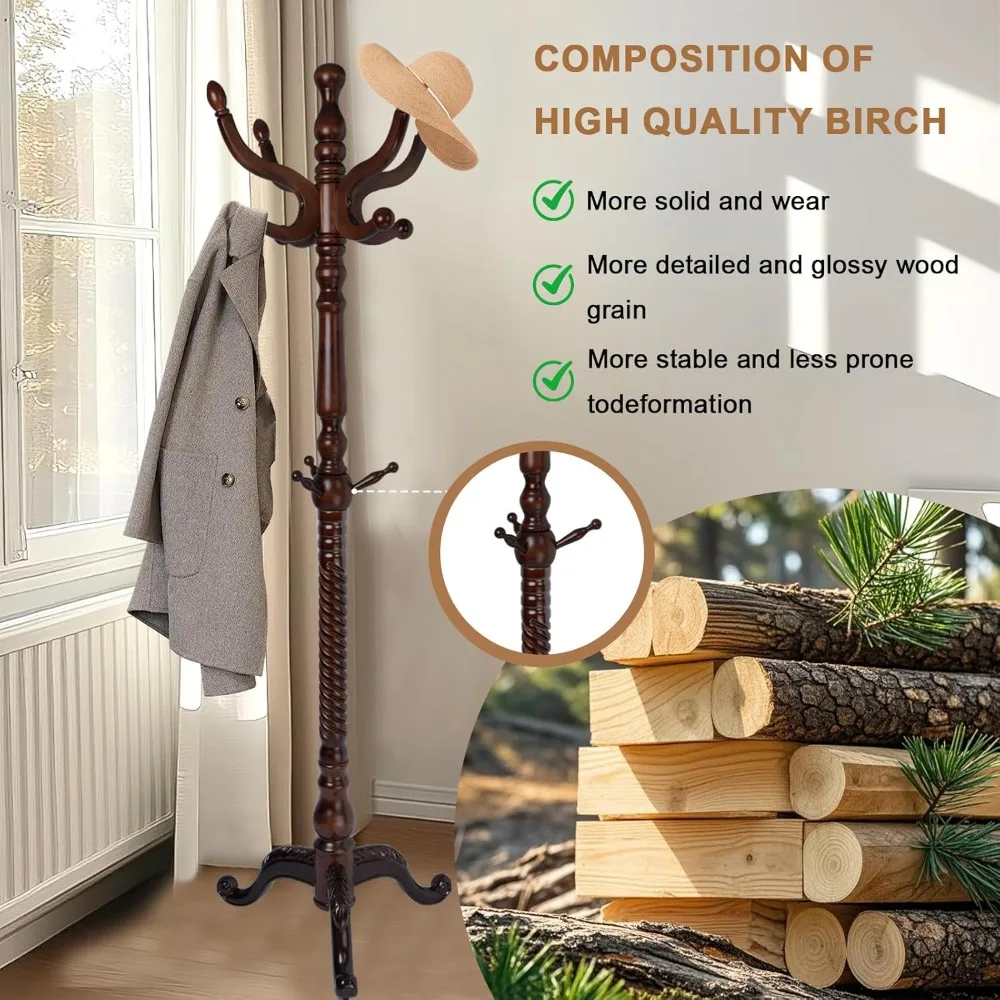Solid Wood Coat Rack, Free Standing Hall Coat Tree with 11 Hooks, 2 Height Options, 270lbs Load, Stury Base, Clothes Rack for En