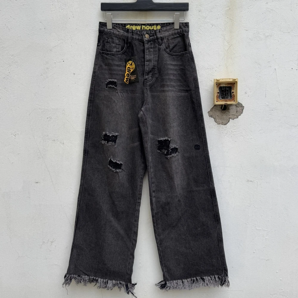 Drew House Smiley All-Over Print Patchwork Ripped Jeans Loose Fit Unisex Fashion Korean Style