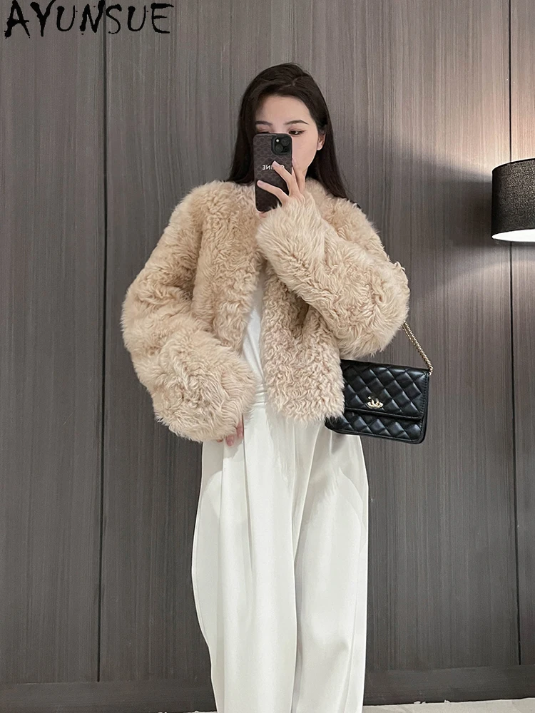 

AYUNSUE 2025 New Shearling Jacket Woman Short Natural Wool Jackets for Woman Clothes Luxury New in Outerwears Ropa Para Mujer