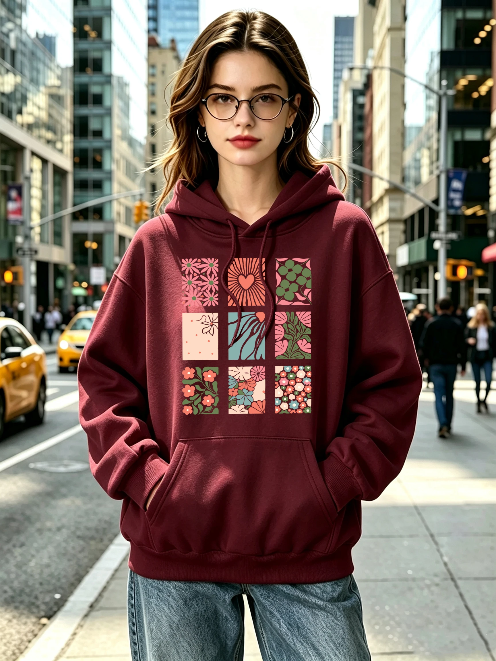 Floral Heart Abstract Botanical Print Womens All-Match Trendy Clothes Soft Fleece Hoodies Autumn Casual Hoodie Sport Y2K Top