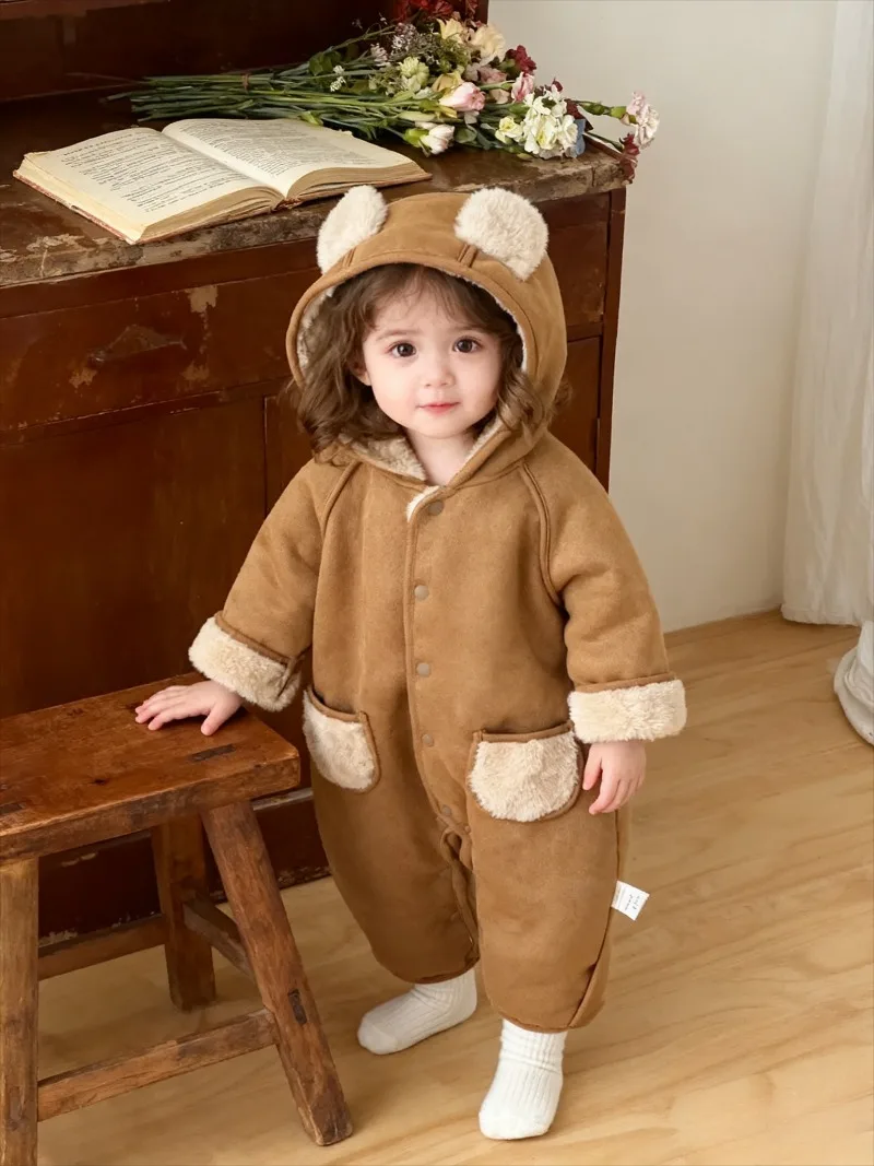 Baby's Autumn Winter One-piece Rompers Korean  Newborn One-piece Fleece Hoodie Baby's Hooded Out-of-home Climbing Clothing