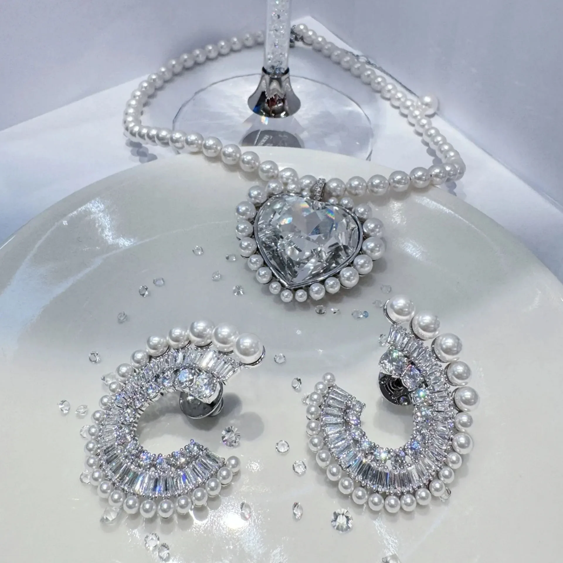الأصلي الأميرة تألق كريستال الزفاف الراقية مجموعة مجوهرات المرأة الساحرة على شكل قلب قلادة أقراط سوار حلقة #2