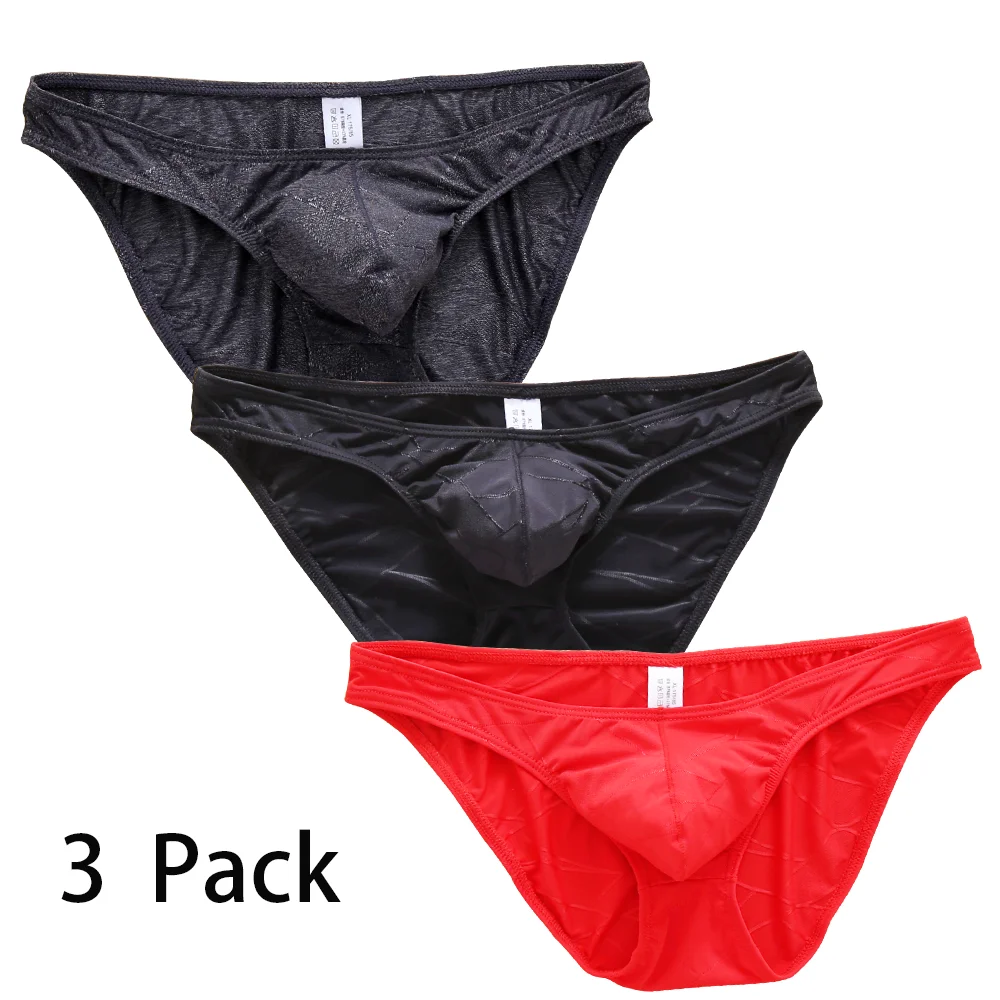 3 Pack High quality Men\'s briefs Red underwear ice silk breathable silky student sexy Soft Short Comfortable boys pouch convex