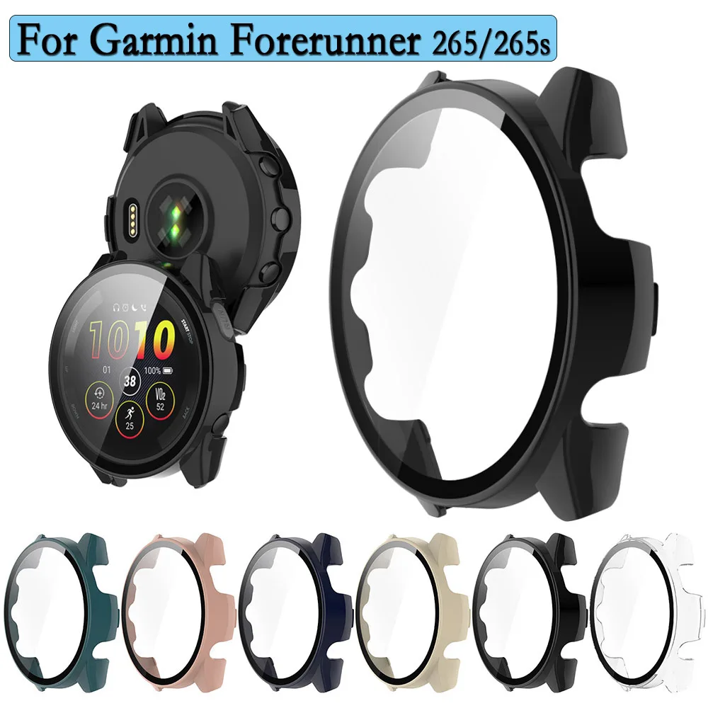 Garmin Forerunner 265 / 265s 케이스 + 유리 풀 커버리지 범퍼 PC 하드 케이스 커버, 고품질 강화 유리 스크린 보호 장치 포함