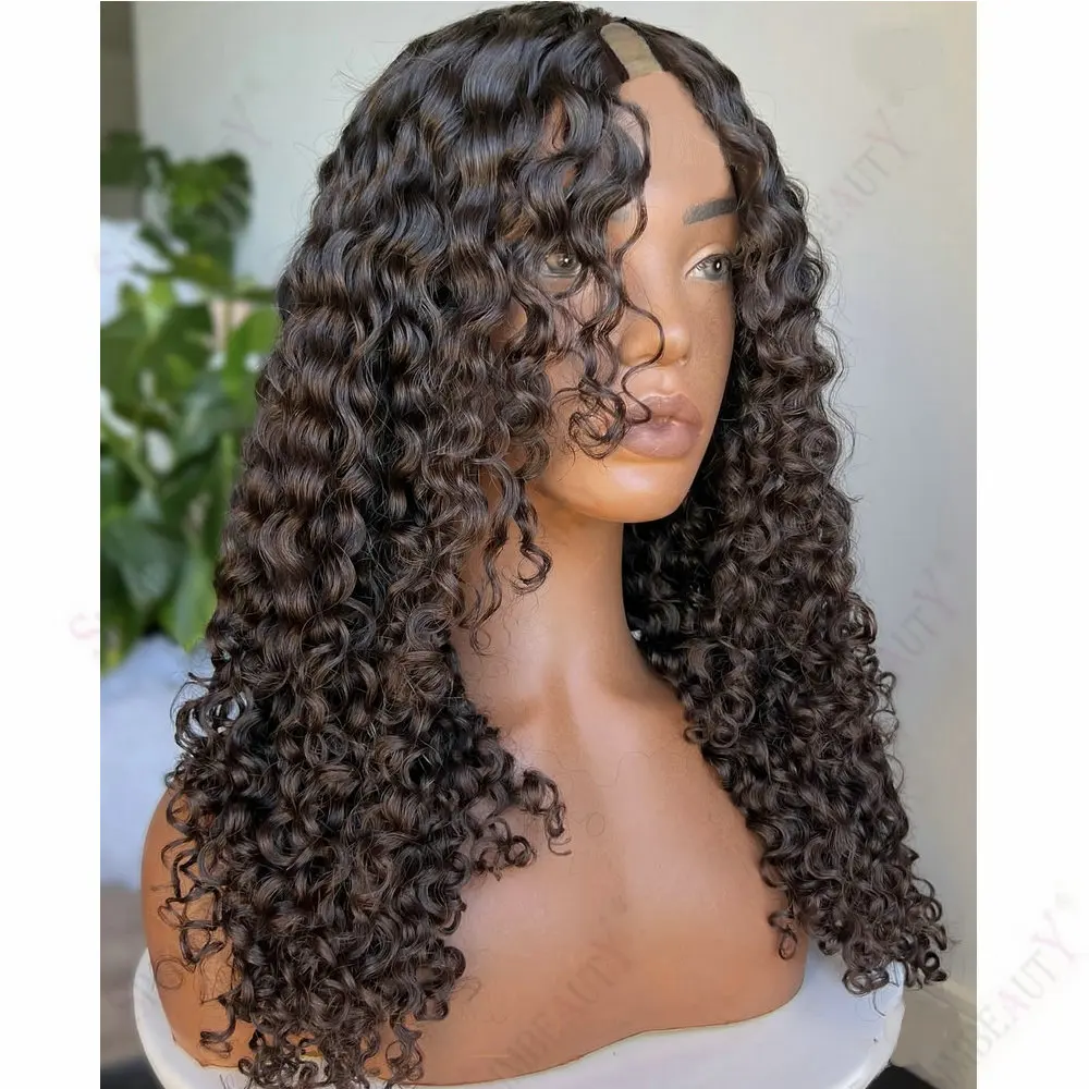 Kinky Curly Dunkelbraune Highlights 100% Remy Echthaar 1x4 Größe U-Part Perücken für Schwarze Frauen, Klebefreie Clip-in U-Part Perücken, Natürlich – Detail 2