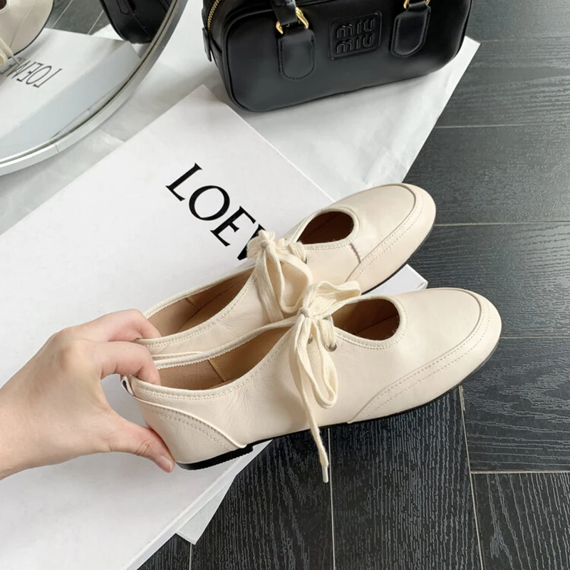 Real genuine leather women ballet flats lace up flat pumps