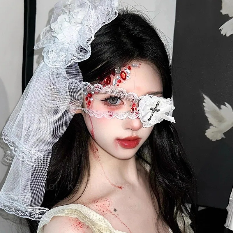 Halloween Punk Gothic Kreuz Augenmaske für Frauen Cosplay Lolita Augenklappe Spitze Herz Schleife Brillen Zubehör Karneval Requisiten