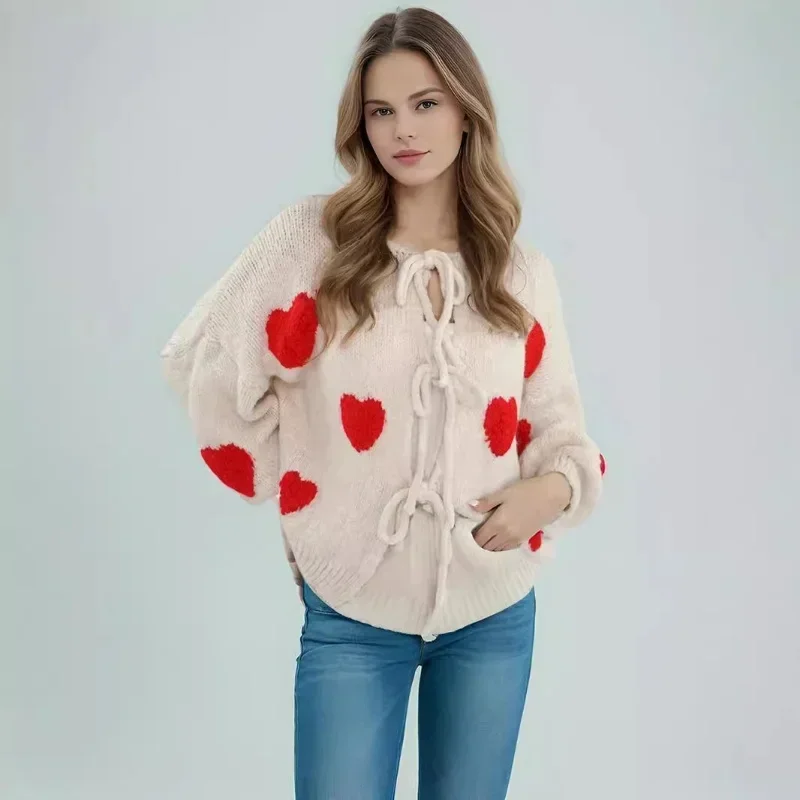 2024 Autumn Fashion Heart Knitted Sweater Women Winter Casual Comfortable Round Neck Tops Female Pink Cardigan