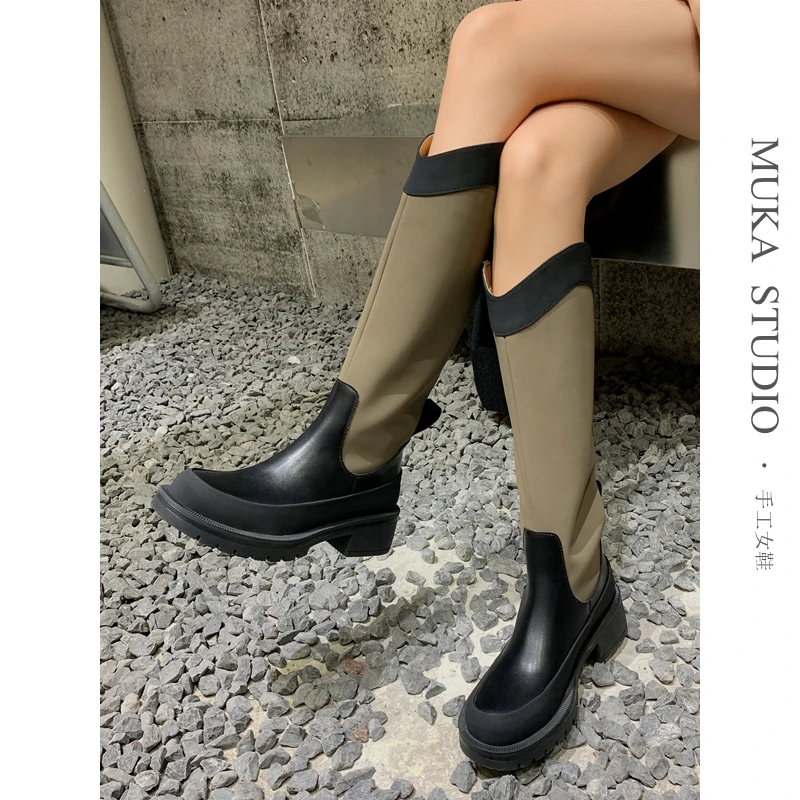 

"Muka" western wind color matching women's 2023 new autumn and winter thick-soled boots sleeve high boots