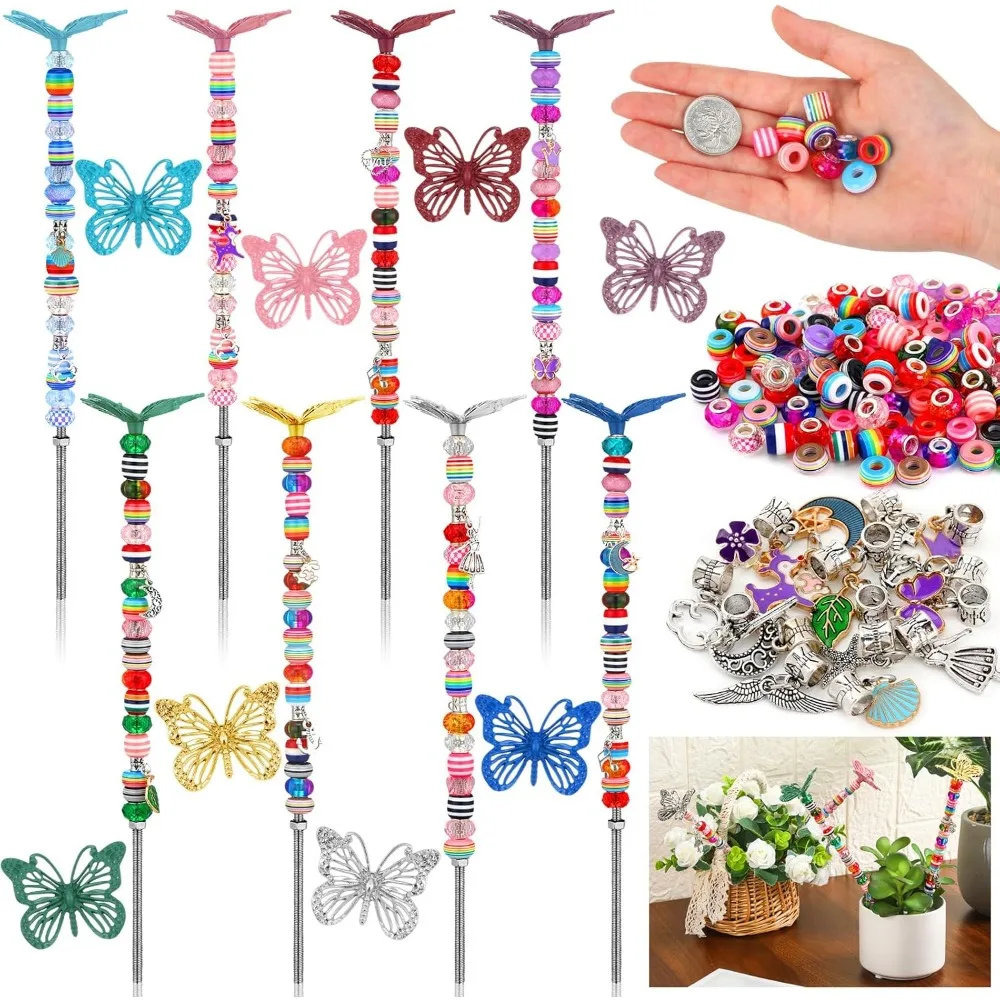Juego de 8 estacas de jardín, 160 cuentas, estacas decorativas de hadas para jardín, estacas de varita de hadas DIY con cuentas, decoraciones al aire libre para jardín de mamá