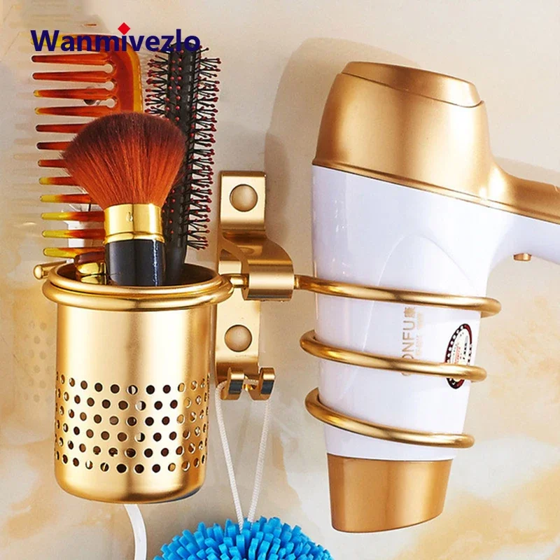 

Hair Dryer Holder With Cup Households Rack Hair Blow Dryer Shelf Metal Wall Mount Bathroom Accessories Gold Hair Dryer Rack Bath