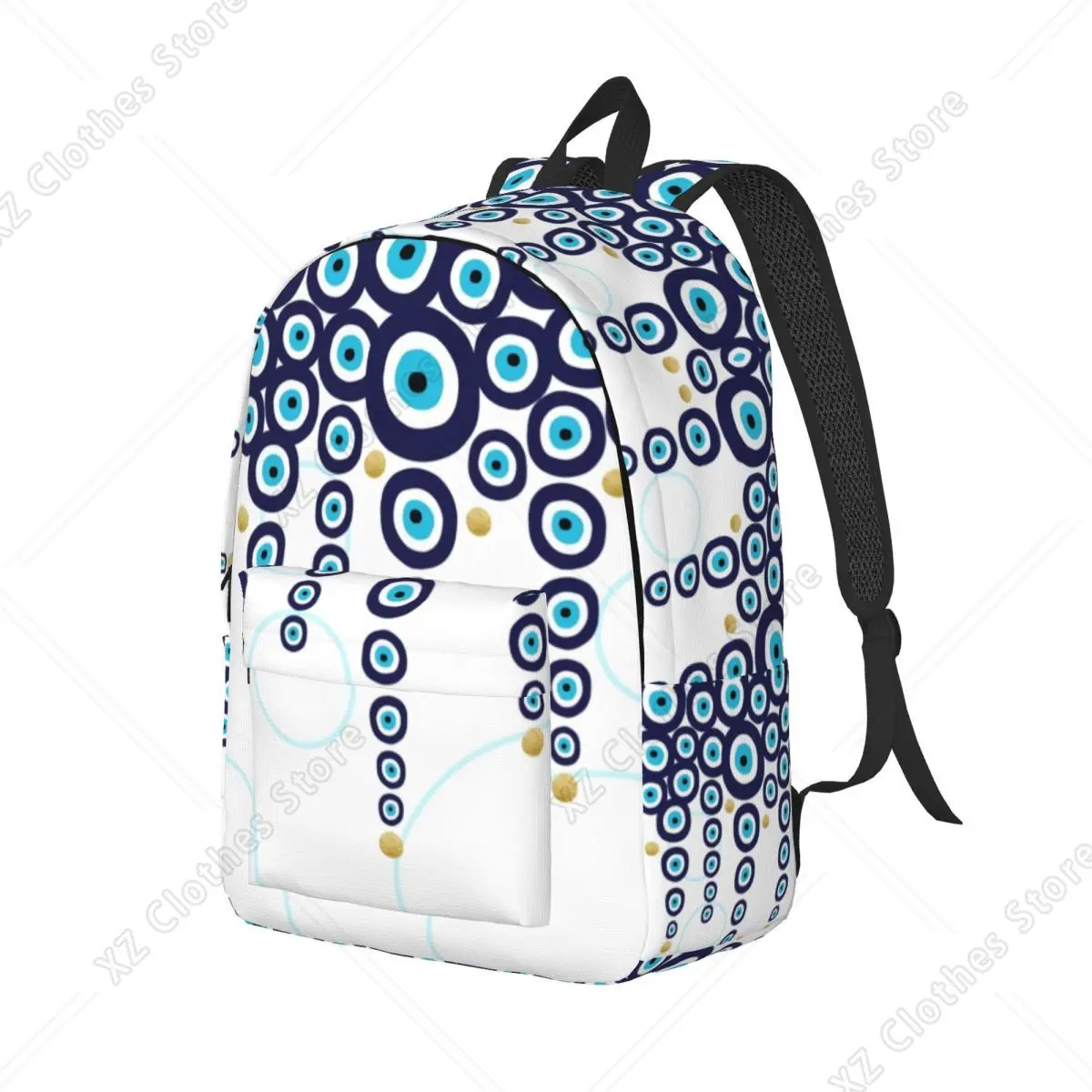 Custom Evil Eye Hanging Beads In Blue And Gold Laptop Backpack Casual Bookbag for College School Students Nazar Hamsa Boho Bag