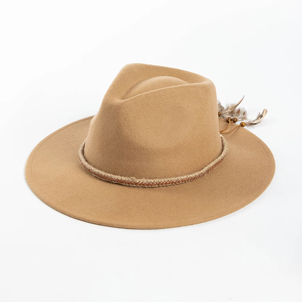 100% Wool Felt Fedora Hat With Braided String and Feathers