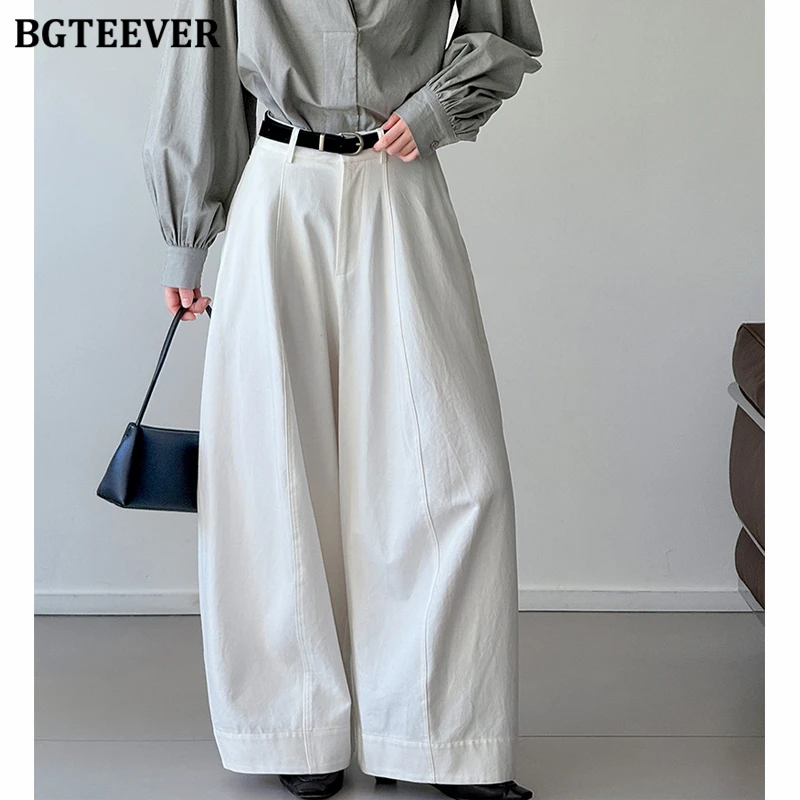 BGTEEVER Stylish High Waist Wide Leg Trousers for Women Spring Autumn Casual Loose Pockets Female Pants