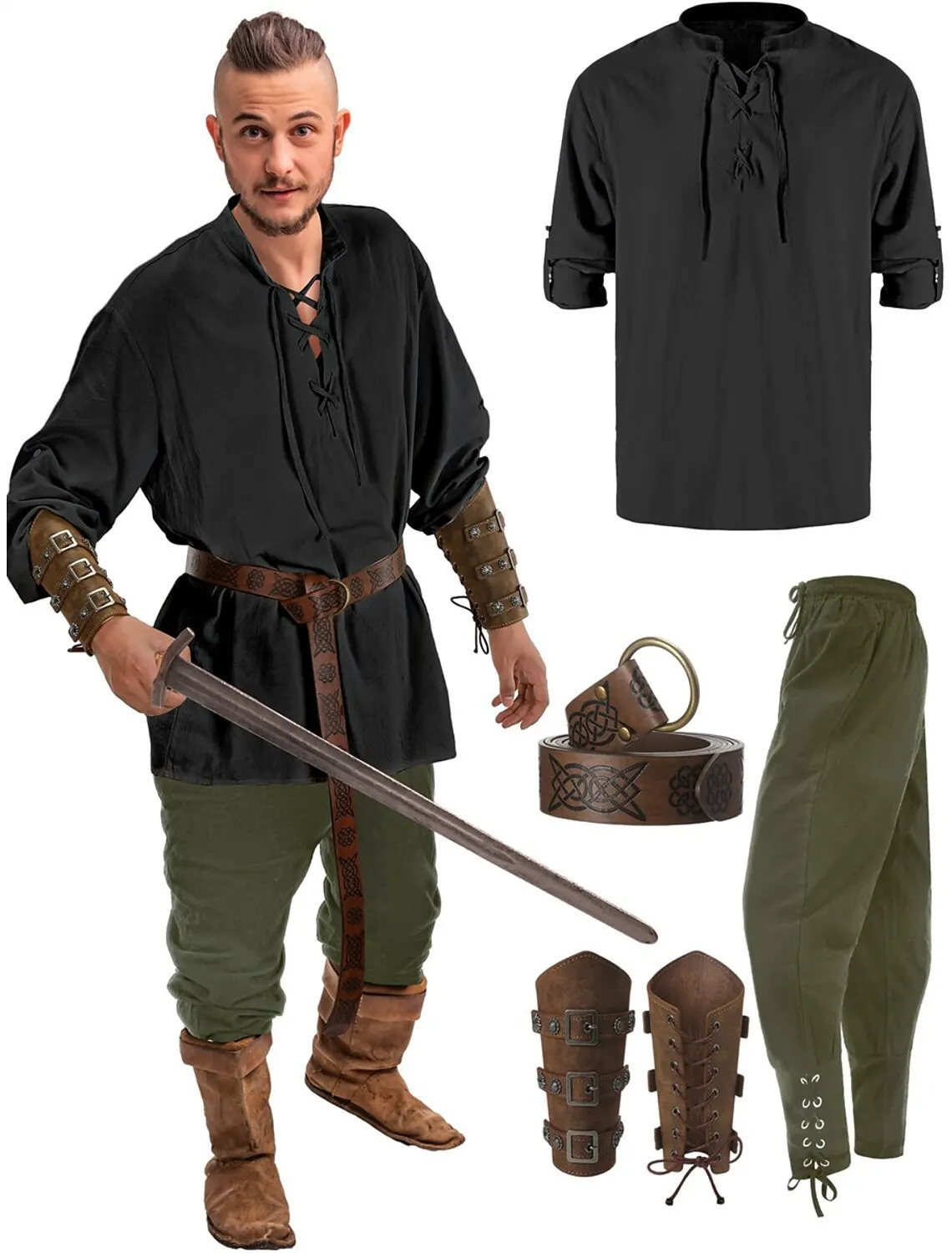 Jiuguva 4 Pcs Halloween Men's Renaissance Costume Set Medieval Pirate Shirt Ankle Banded Pants Viking Belt Accessories