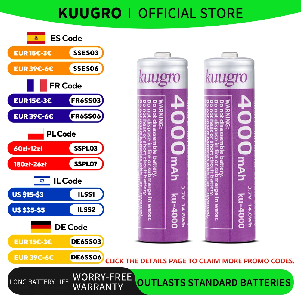Kuugro 18650 4000mAh Pointed Head Battery 3.7V Highest Capacity 12A Discharging Rechargeable Batteries For Flashlight Batteries