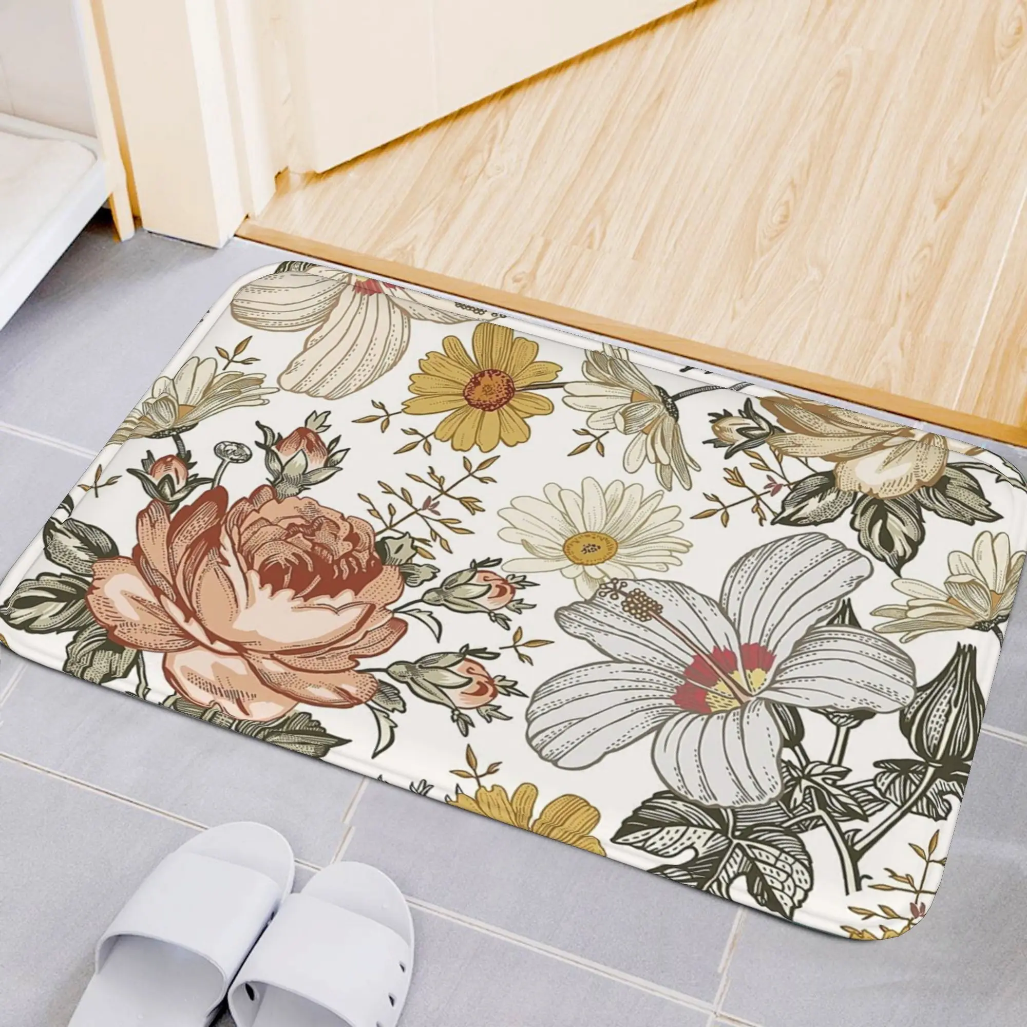 1pc Peony and daisy floral patterned floor mat, machine washable polyester, suitable for bedroom and living room decoration.