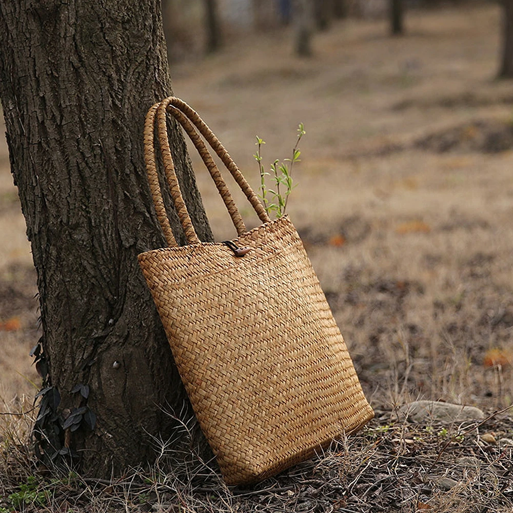 Borsa di paglia fatta a mano per donna, tessitura da spiaggia, grande capacità, cestino fatto a mano, borsa per la spesa, estate