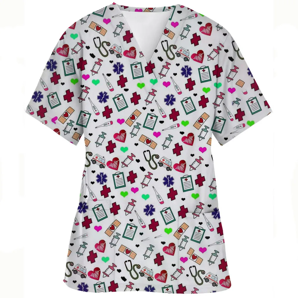 2024 New Fashion Women Nurse Uniform Cartoon 3D Print V-Neck Pocket Medical Uniforms Cartoon Nurse Nursing Scrubs Tops Uniforme