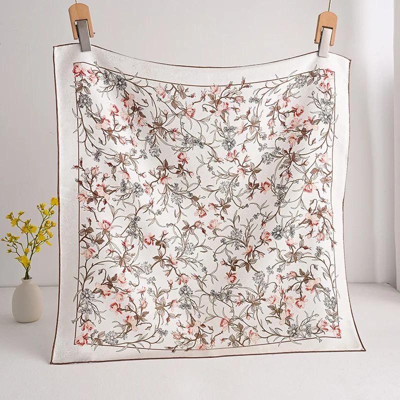 100% MULBERRY SILK 70X70cm Dusty Pink Vine Floral Square Scarf Cream Base Light Coffee Trim Bandana Women Office Travel Gift